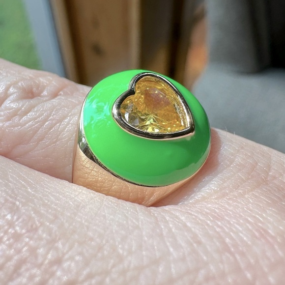 Lime Green Enamel Canary Yellow CZ Heart Park Lane Jewelry Zest Ring SZ 6 - Picture 11 of 12